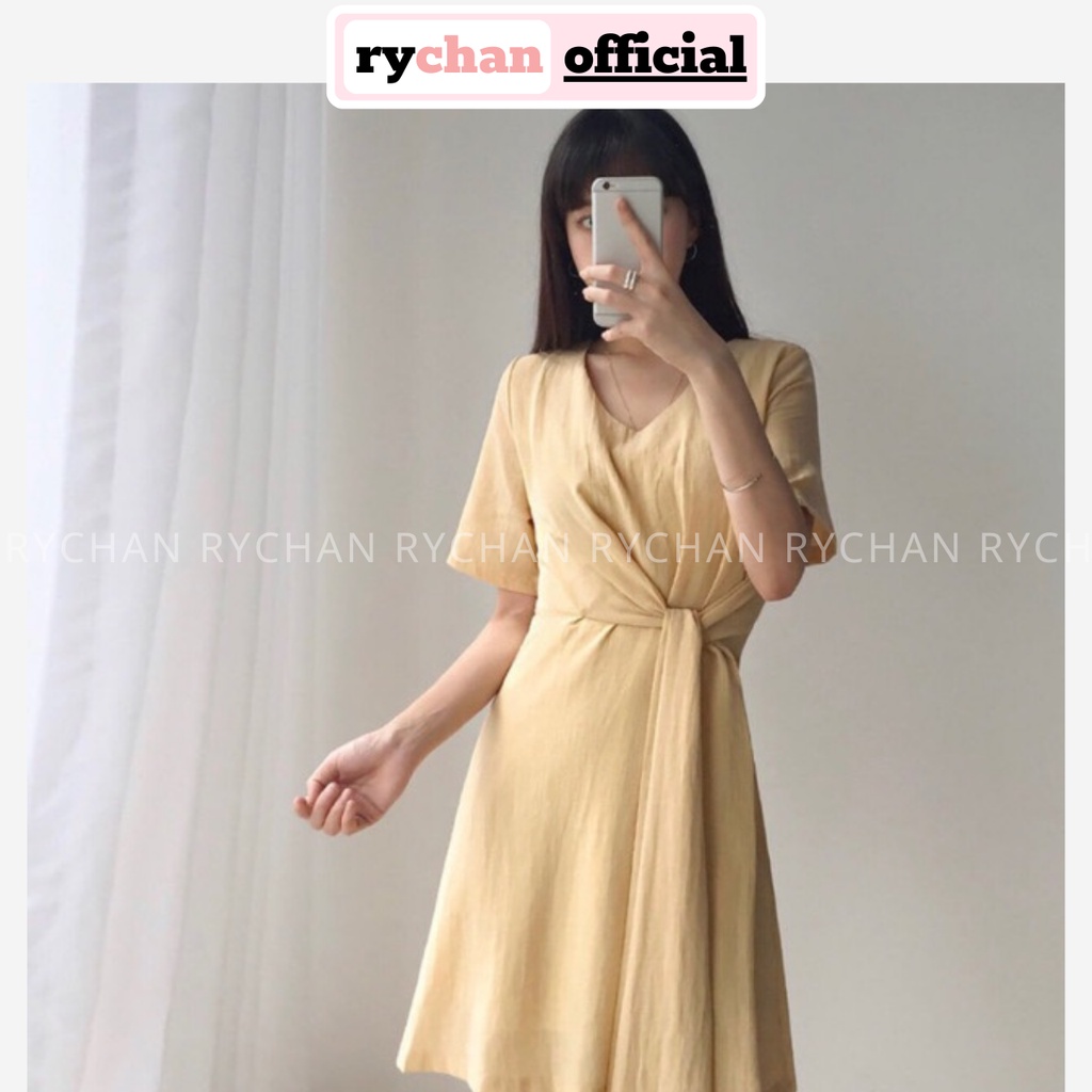 Đầm Nữ Đi Chơi Đắp Chéo Tà Cột Eo Tay Ngắn Thanh Lịch Sang Trọng Màu Vàng - DX9847