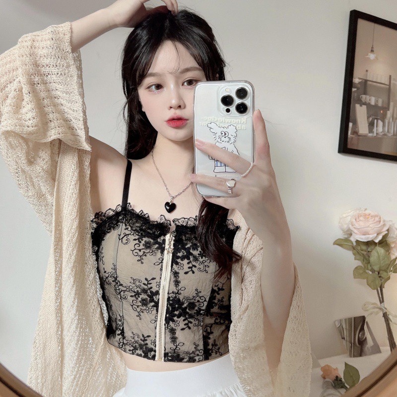 Áo Bra Nữ Hai Dây Croptop - Dây Khóa Thời Thượng Họa Tiết Ren Hoa Quyến Rũ 2210