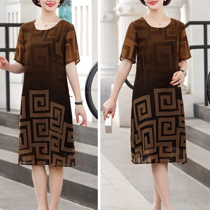 GOTI - Đầm Trung Niên Nữ Cao Cấp Dáng Suông Rộng Chữ A Dài Qua Gối Tay Ngắn Voan 2 Lớp Cho Me U50 U60 GOTI 3280