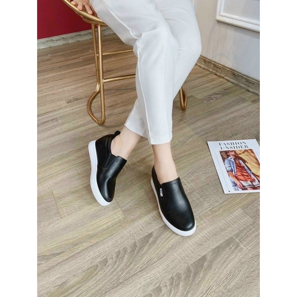 Giày slip on độn đế 7p da lì siêu nhẹ, giày sneaker nữ không cần buộc dây dễ phối đồ nữ đi làm đi chơi