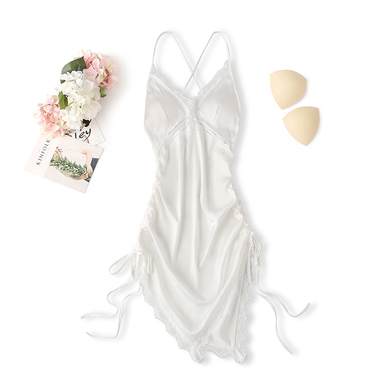 Đồ ngủ Vải Lụa Lạnh Mỏng Phối Dây Rút Cổ V Xẻ Sâu Lưng Trần Gợi Cảm Thời Trang Xuân Hè Cho Bạn Gái