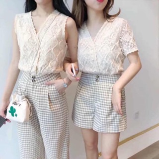 Set Quần Kẻ Áo Ren