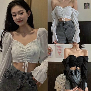 Áo croptop nữ nhún ngực rút dây tay bo chun