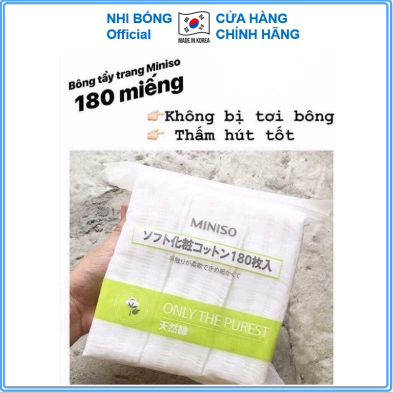 Bông tẩy trang Miniso Nhật Bản gói 180 miếng làm từ chất liệu Cotton 100% mềm mại và mịn màng