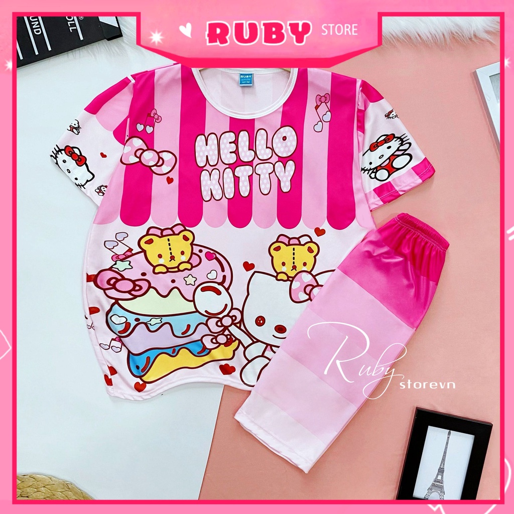 Đồ bộ thun QUẦN LỬNG cho bé mặc nhà size đến 70kg vải mềm mát in hình Doremon kitty Hoạt hình dễ thương DBRBL FULL SIZE