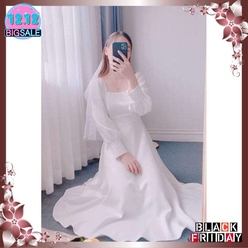 Đầm dự tiệc trắng xòe cổ u vintage | BigBuy360 - bigbuy360.vn