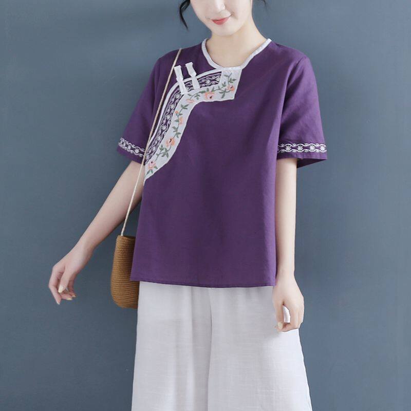 Áo Sơ Mi Cotton Lanh Tay Ngắn Dáng Rộng Cài Nút Thêu Hình Đĩa Trà Trung Hoa Thời Trang Mùa Hè Hàng Mới Dành Cho Bạn Nữ 2022