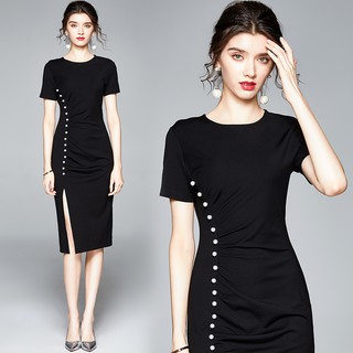 Đầm midi nữ tay ngắn xẻ tà thanh lịch