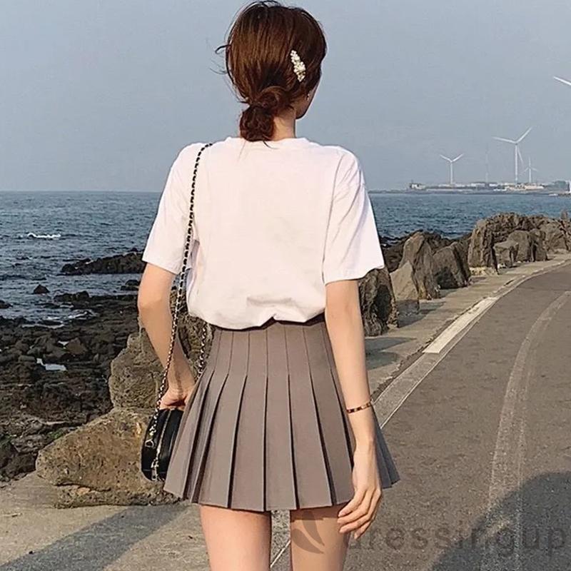 DRE-Women Casual Pleated Skirt, Solid Color Elastic High Waist Skater Skirt, Black/ White/ Grey