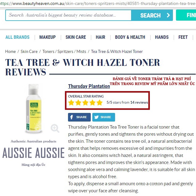 Toner tràm trà Úc cân bằng cho da mụn Thursday Plantation Tea Tree & Witch Hazel Toner 100ml aussie.vn
