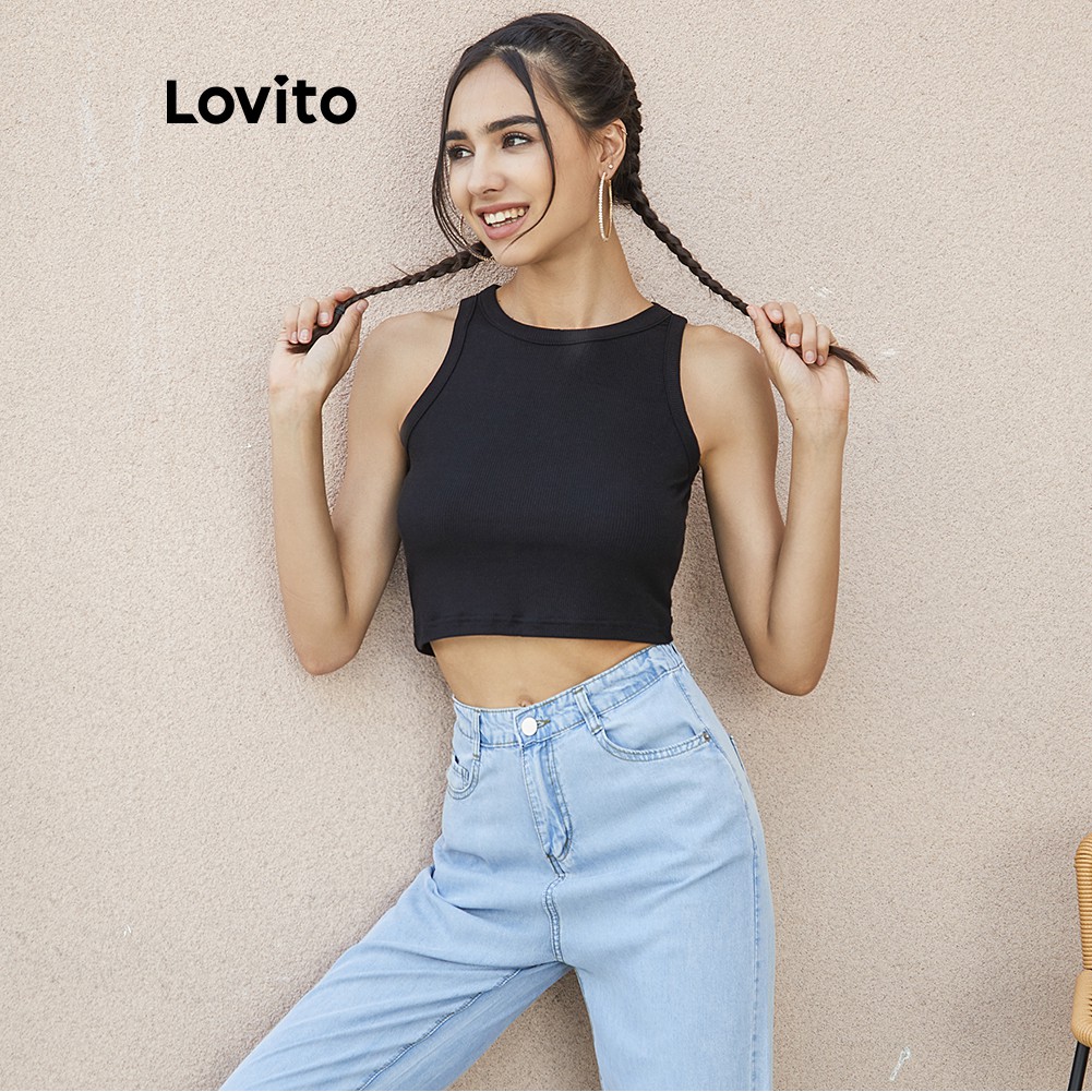 Áo tanktop Lovito màu trơn trang trí đường may hợp thời trang L02146 (White/Black)