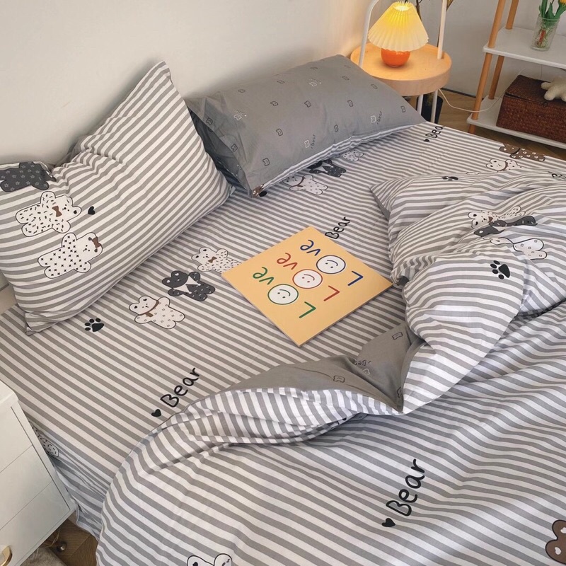 Bộ Chăn Ga Gối ❤️ Cotton living 100% cao cấp đủ size đệm ga giường họa tiết gấu đáng yêu phong cách Hàn Quốc chính hãng