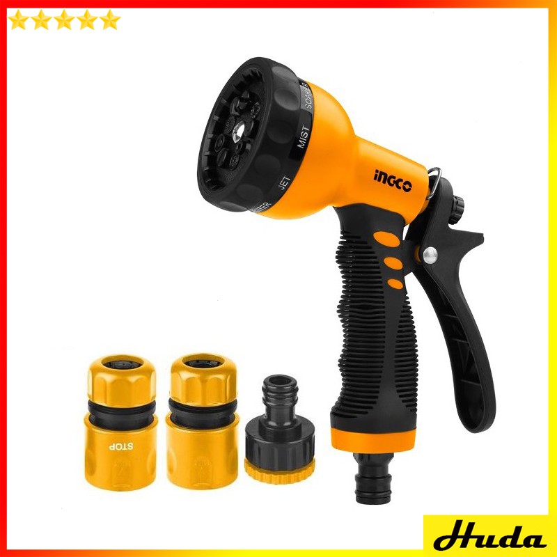 Bộ khớp nối ống INGCO HHCS03122 + vòi phun xịt nước, rửa, tưới cây 8 tia đa năng INGCO HWSG092