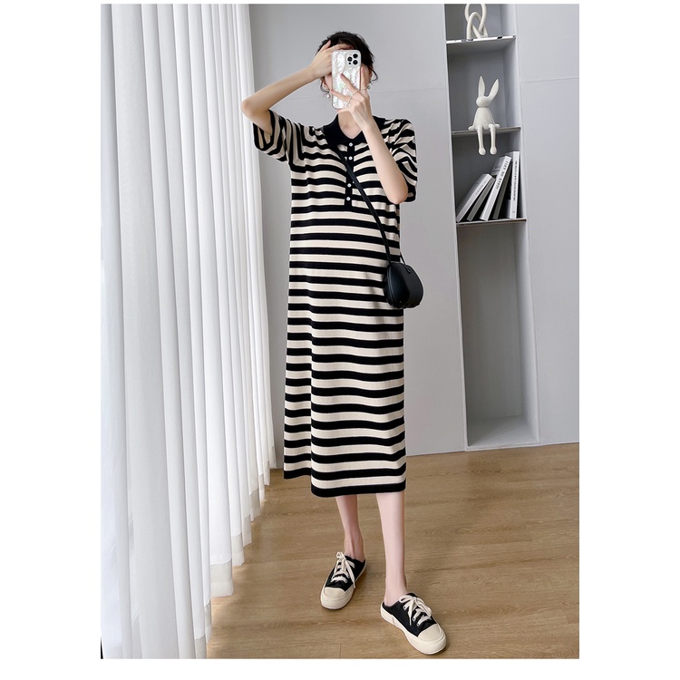 【ZHELIHANGFEI】 / Đầm Bầu Dệt Kim Lụa Lạnh Dáng Rộng Dài Kẻ Sọc