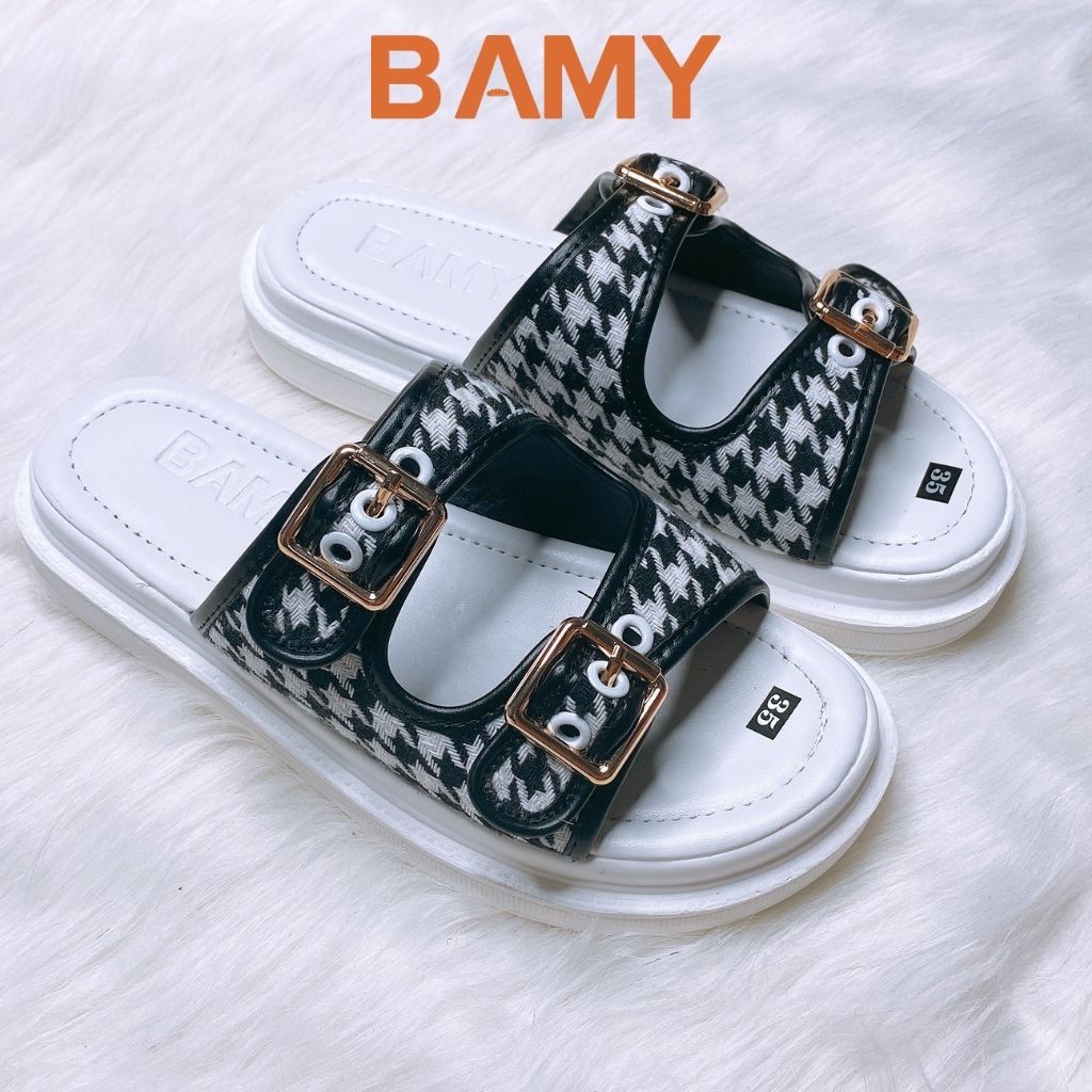 Dép Sandal nữ 2 quai ngang gắn Khuy Vuông BAMY, Dép thời trang nữ Hàn Quốc đế bằng cao 3cm