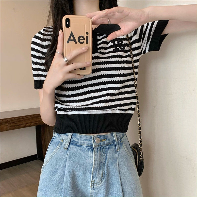 Áo Thun polo Dệt Kim Tay Ngắn Dáng Ôm Thêu Họa Tiết Kẻ Sọc Thời Trang Xinh Xắn Cho Nữ