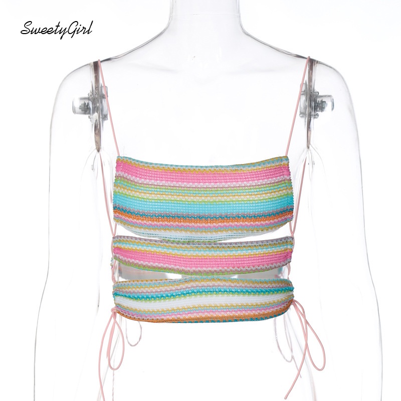 Áo Hai Dây Họa Tiết Kẻ Sọc Màu Sắc 2022 Thời Trang Quyến Rũ Cho Nữ