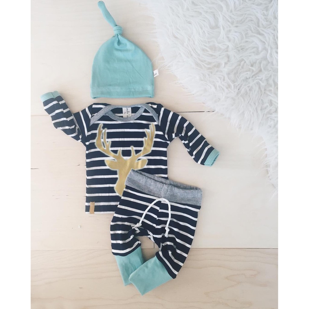 Bộ 3 Cái Gồm Áo Thun + Quần + Nón Hình Tuần Lộc Cho Bé Sơ Sinh, Bé Gái