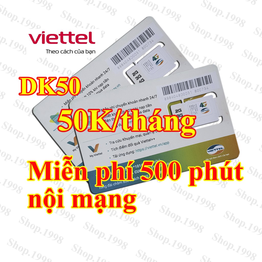 Sim 4G Viettel 50K/tháng miến phí 500 phút nội mạng - SIM VIETTEL DK50