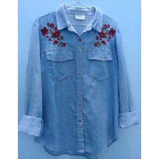 (ẢNH THẬT) Áo Sơ mi Denim jacket thêu hoa Oversize
