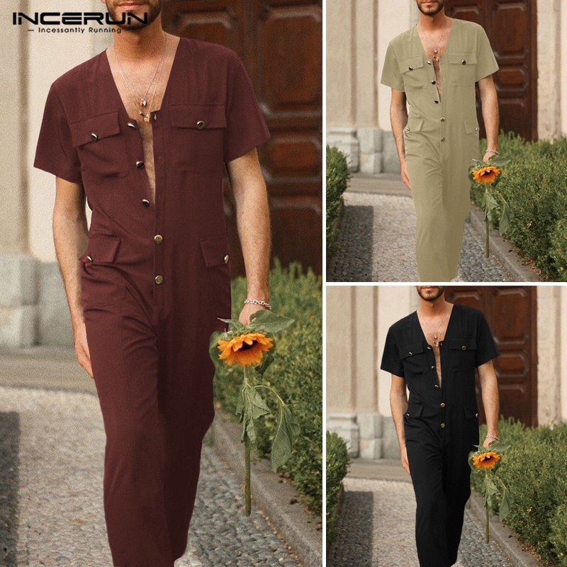 Áo liền quần INCERUN ngắn tay cổ chữ V màu trơn phối hàng nút thời trang cho nam