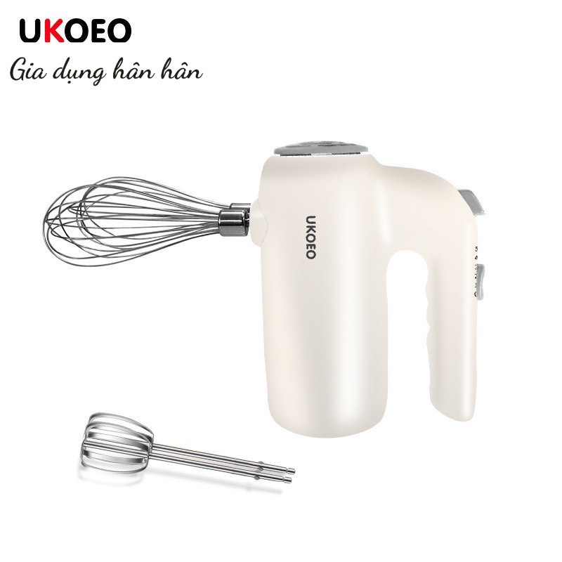 Máy Đánh Trứng Cầm Tay UKOEO chính hãng. Máy đánh trứng 5 tốc độ công suất 251W, đi kèm 4 que inox. Máy khỏe, chạy êm.