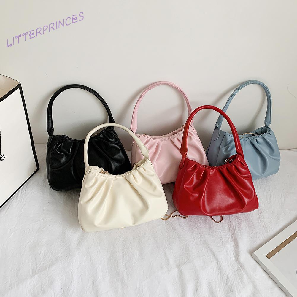 Litterprinces Retro Women PU Leather Pleated Chain Crossbody Bag Small Top-handle Handbag