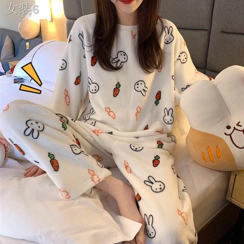 ❆ins flannel pijama nữ mùa thu đông phiên bản Hàn cộng với nhung dày đồ ngủ ngọt ngào phục vụ tại nhà bộ hai mảnh