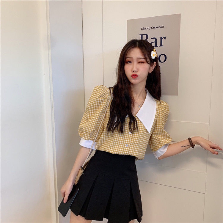 Áo croptop IELGY tay phồng kẻ sọc kiểu retro thời trang cho nữ