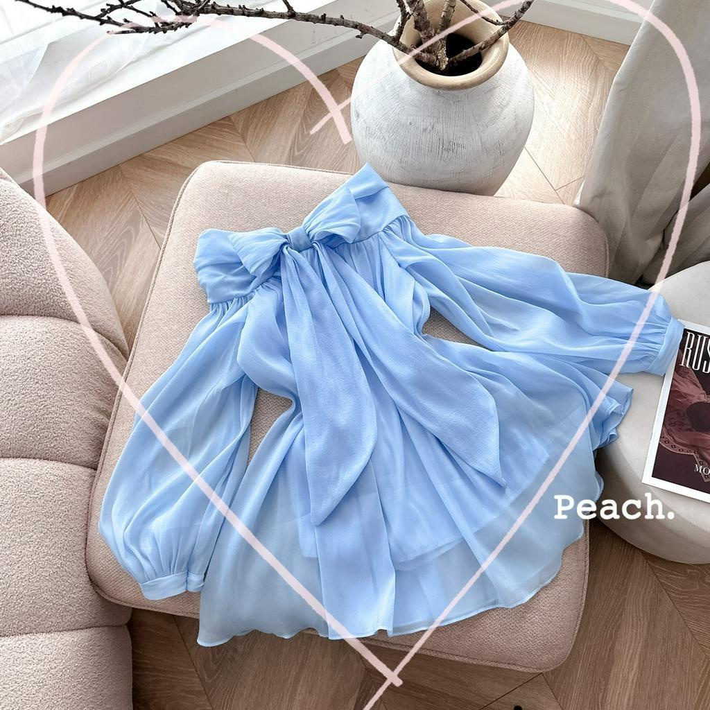 Đầm trễ vai tay phồng phối nơ 3 màu bigsize  n523