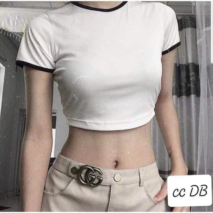 Áo Croptop Nữ Tay Ngắn Dáng Ôm Phối Viền Cổ 2 Màu Đen Trắng Xưởng May DCS