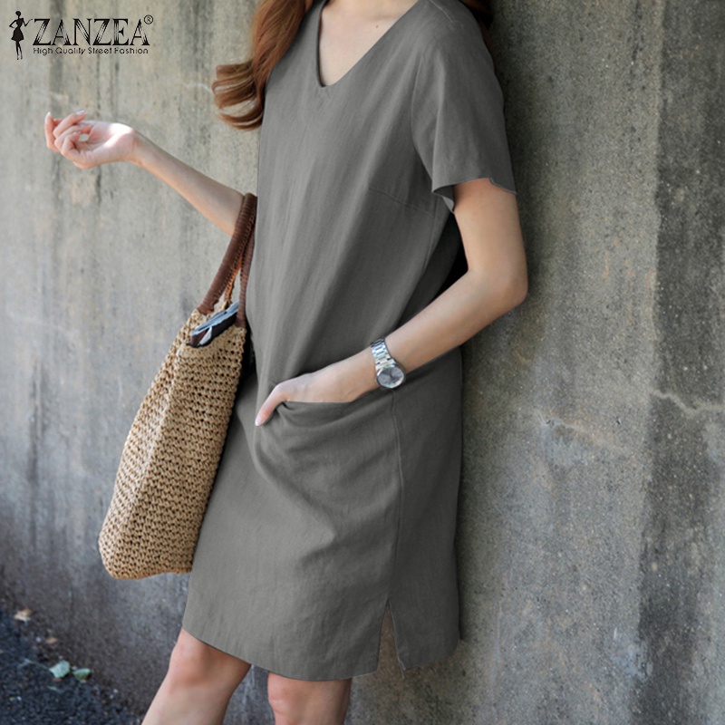 Đầm ZANZEA ngắn tay cổ chữ v xẻ tà thời trang cho nữ