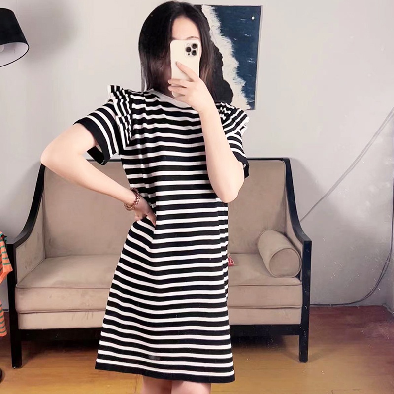 SUXI Đầm Dệt Kim Ngắn Tay Cổ Tròn Họa Tiết Kẻ Sọc Phong Cách Hàn Quốc Thời Trang Mùa Hè