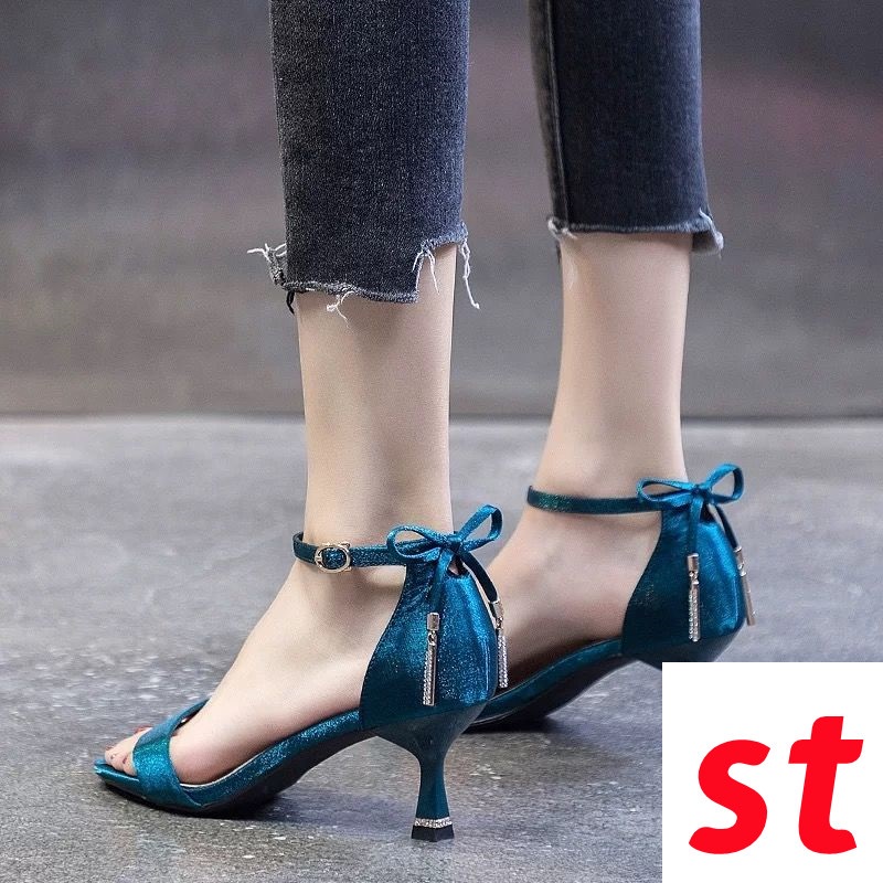 Giày Sandal Cao Gót Một Gót Đính Nơ Màu Xanh Dương Thời Trang Mùa Hè