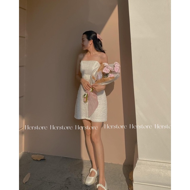 Đầm trắng hai  dây có lót xịn xò đi biển, đi tiêc- Herstore