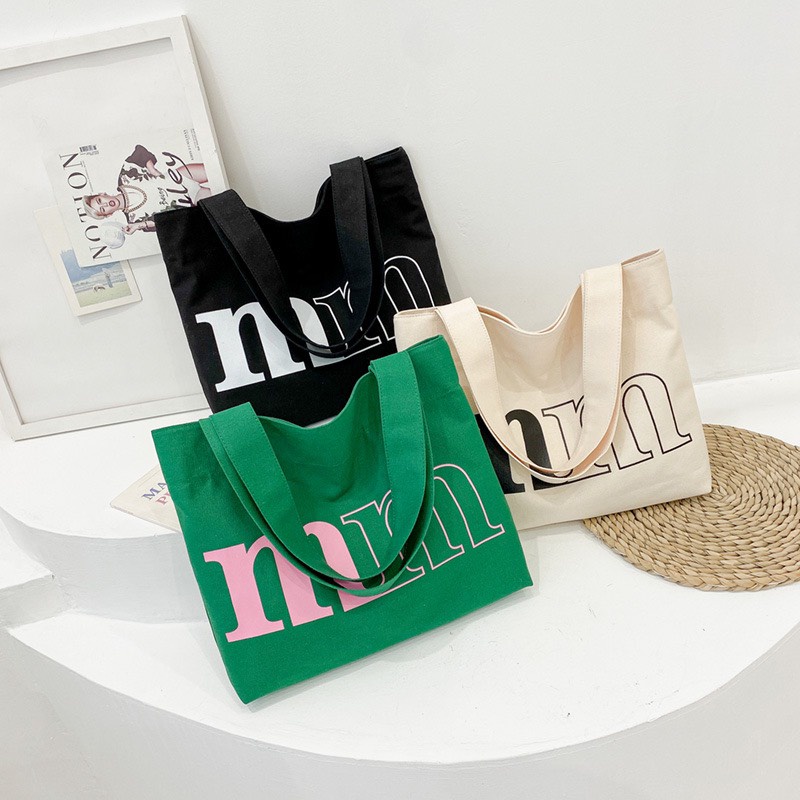 Túi tote HAZIN vải canvas ulzzang unisex in chữ MM có khoá miệng ngăn phụ đi học đi chơi đựng vừa khổ a4