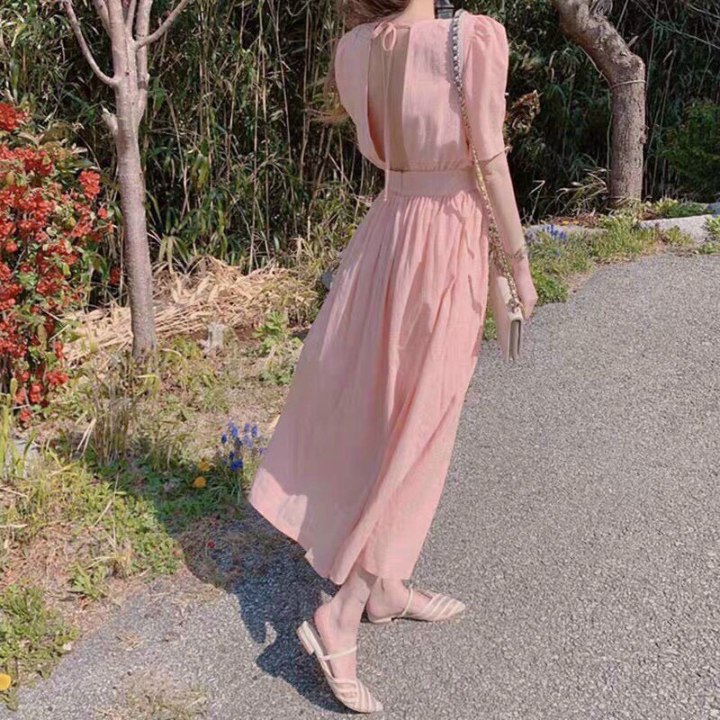 ( MIỄN PHÍ SHIP 2022) Đầm tiểu thư tay phồng, đầm nữ đi tiệc 2 màu hồng trắng