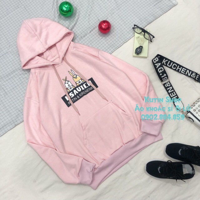 Áo khoác hoodie chui nỉ ngoại form rộng in 2 con thỏ có ảnh thật