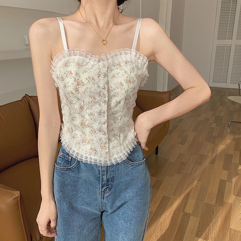 Áo 2 dây nữ phối ren kèm bra dáng ngắn crt 2 màu cá tính/ Áo croptop bánh bèo họa tiết hoa nhí vintage_xuongmaythuhien
