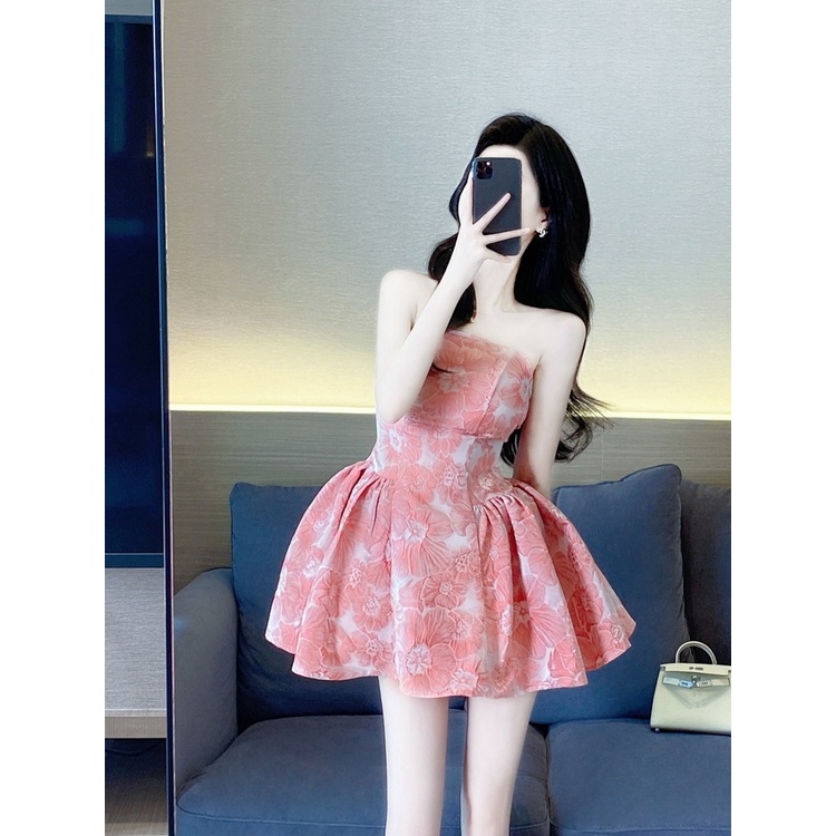 Đầm ống họa tiết hoa thanh lịch trưởng thành kiêu sa sang trọng váy ngắn xếp li dáng xòe phồng tiểu thư quý phái