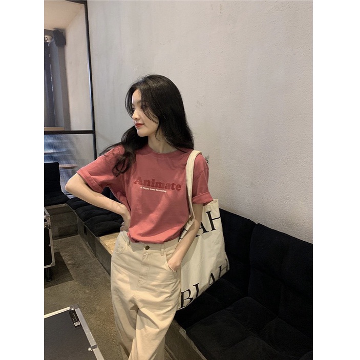 Áo thun tay lỡ, in chữ Animate, form rộng, Nam nữ đều mặc được