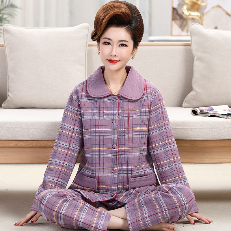 Bộ đồ ngủ mùa thu và mùa đông phụ nữ cotton cho người trung niên và cao tuổi một lớp bông không khí chần bông mẹ dày mùa