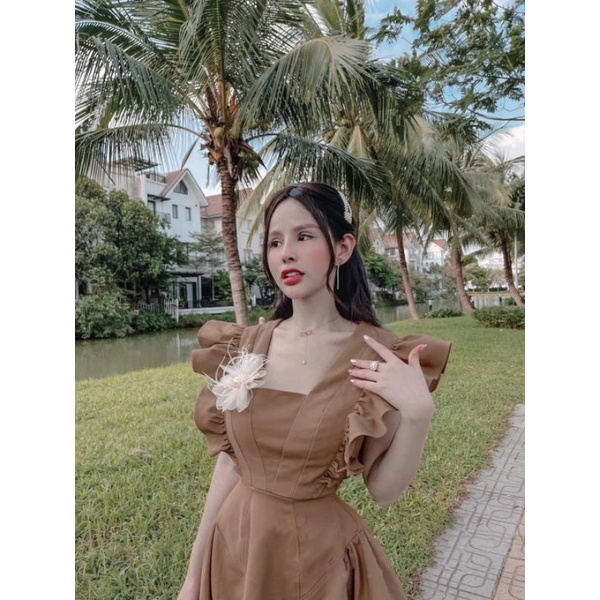 Đầm dạo phố màu nâu đất cổ V cánh tiên xinh xắn, dịu dàng Luna Dress