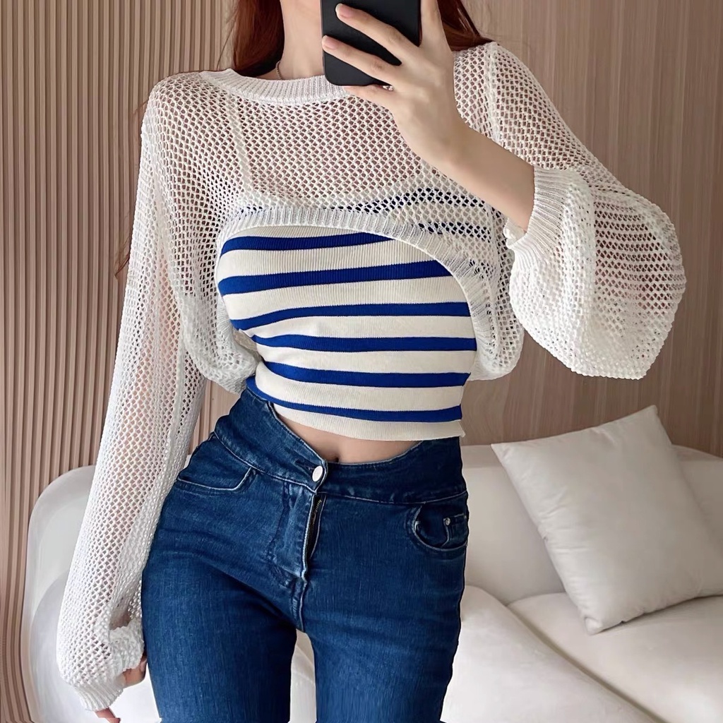 SUXI Áo Croptop Dệt Kim Chống Nắng Dáng Ôm Họa Tiết Kẻ Sọc Thời Trang Mùa Hè Cho Nữ