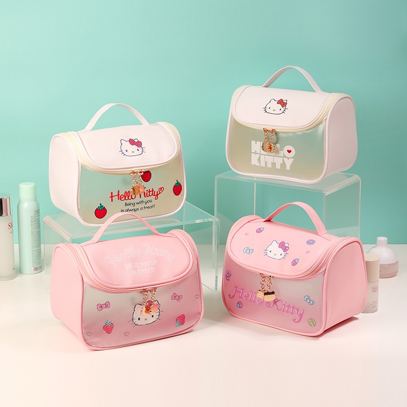 Túi Đựng Mỹ Phẩm Cầm Tay Bằng Da PU Chống Thấm Nước Họa Tiết Hoạt Hình Hello Kitty