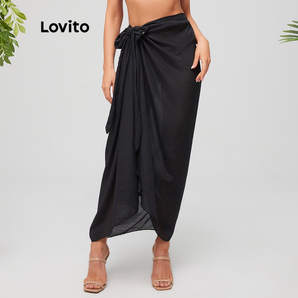 Khăn choàng đi biển Lovito dáng rộng kiểu thắt nút màu trơn phong cách boho L11046 (màu đen)