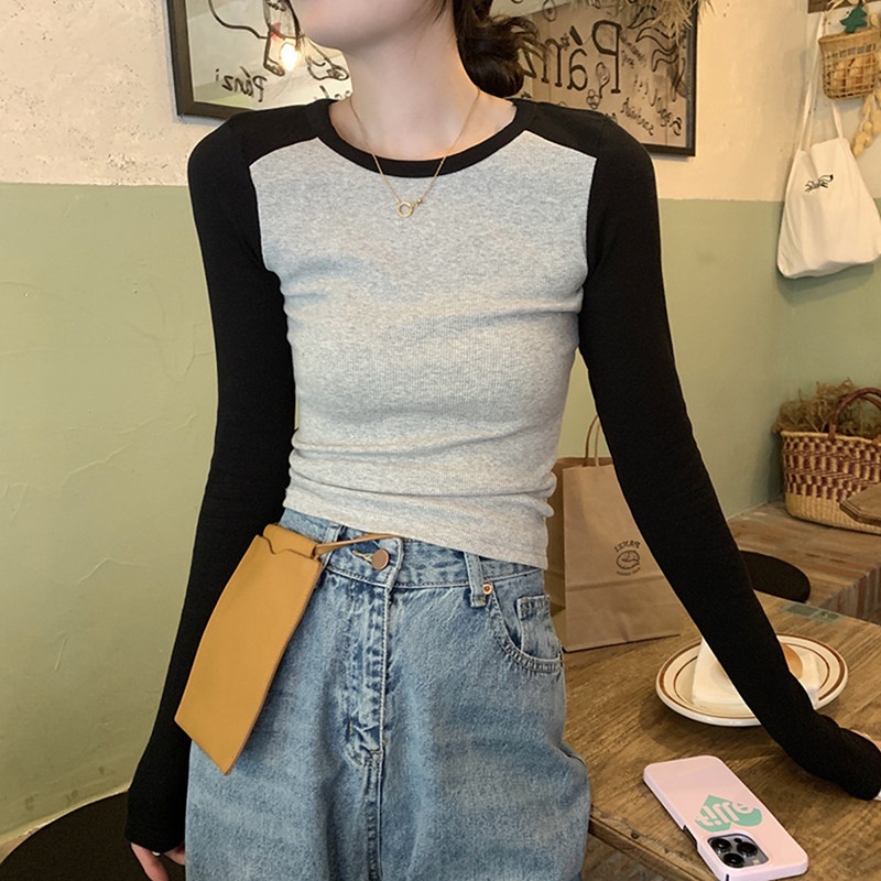 Áo Thun Dài Tay Ôm Dáng Màu Sắc Tương Phản Thời Trang Mùa Thu Cho Nữ