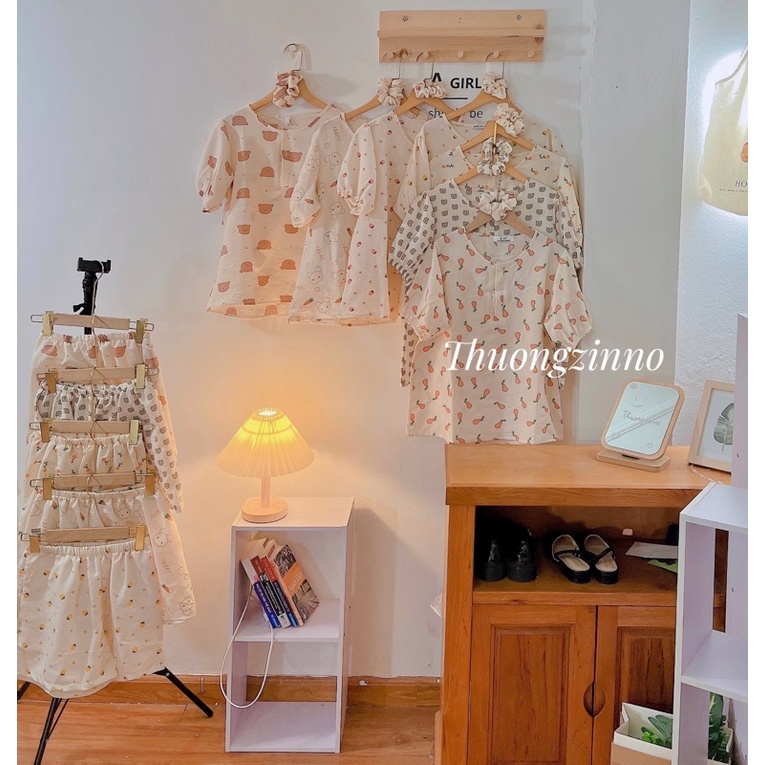 [Ảnh thật/Video]Set bộ đồ Hoạ Tiết Xinh Xắn Phong Cách ULZZANG Chất Liệu Vải Xô Thái Bộ Pijama Mặc Nhà cute hoạt hình