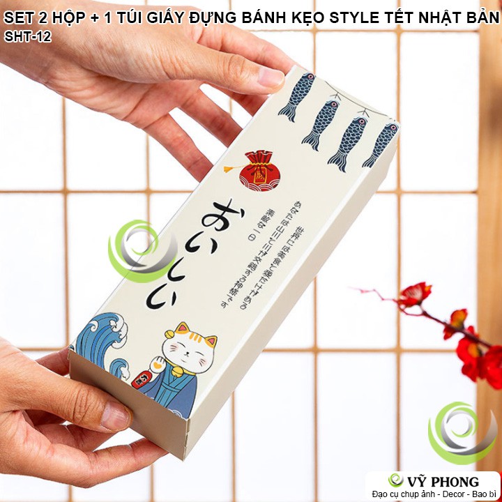 SET 2 HỘP + 1 TÚI GIẤY ĐỰNG BÁNH KẸO PHONG CÁCH TẾT NHẬT BẢN ĐỰNG QUÀ TẶNG CÁC DỊP LỄ TẾT NĂM MỚI SHT-12