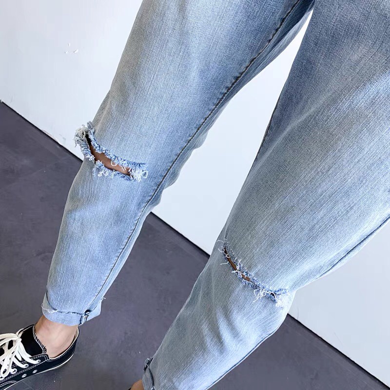 Quần bò nam skinny rách 2 gối denim, Quần jean ống côn dáng bó cao cấp mềm mịn, co dãn 4 chiều, slim fit